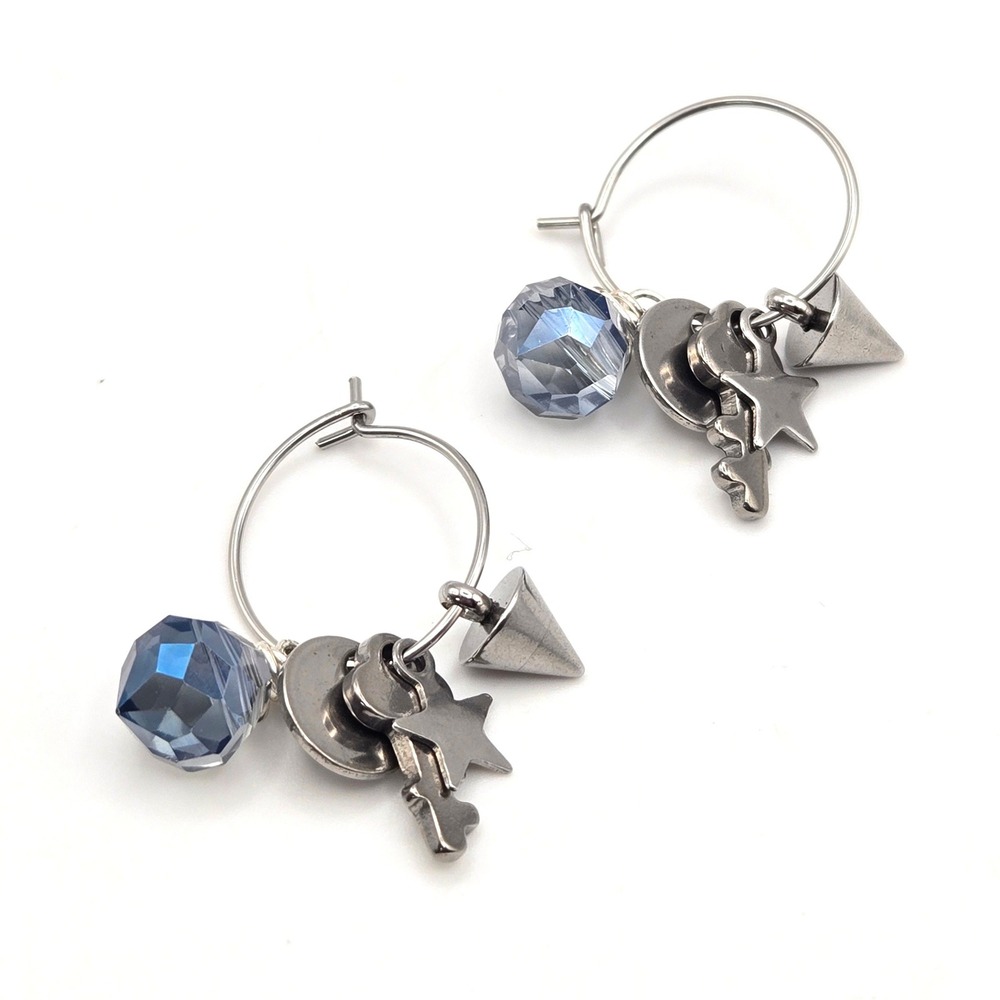 Silver Tone Charm Hoop Earrings Blue Crystal Star Key Spike Charms